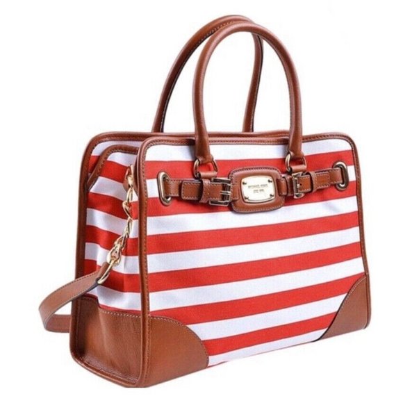 NWT Original $400 Michael Kors Hamilton Tote Bag Striped Canvas Red Leather